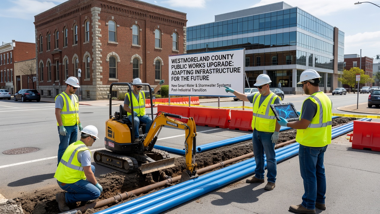 Modernized utility lines and stormwater management features along a redeveloped street in Westmoreland County