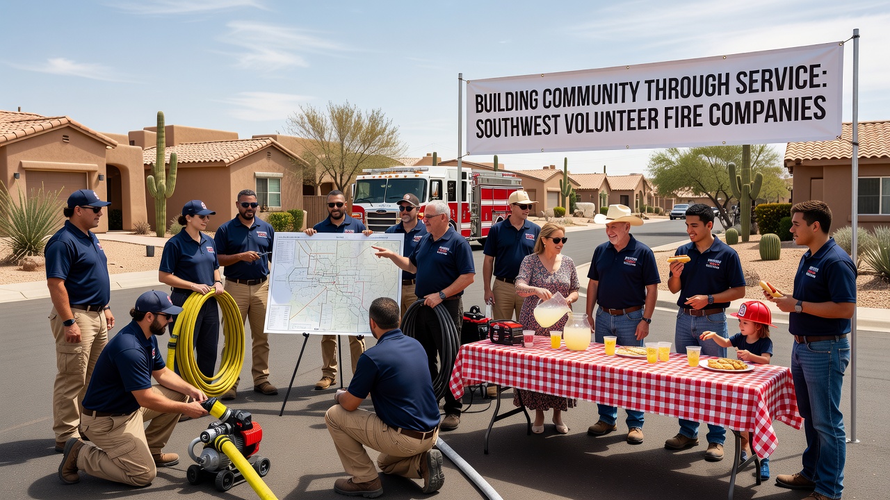 Group of volunteer firefighters gathered outside a station in southwestern Pennsylvania during a community event