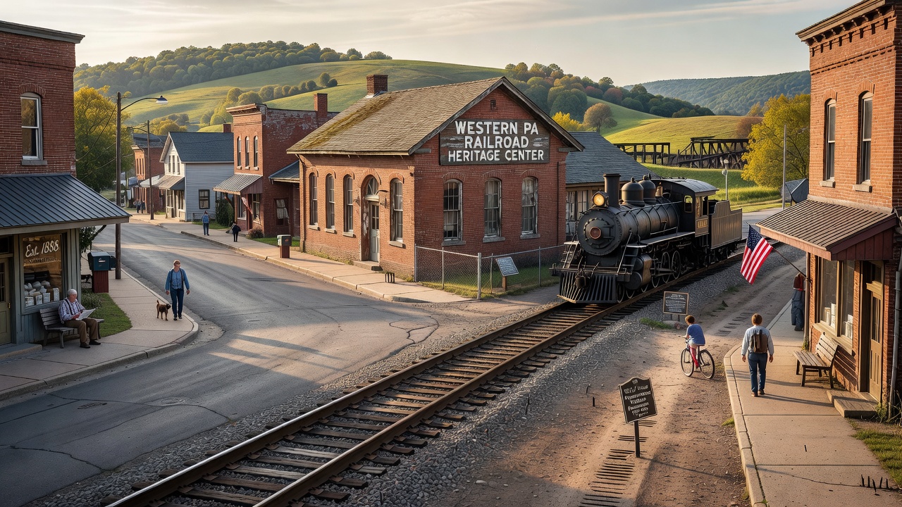 Aerial view of abandoned railroad tracks and former roundhouse site in Westmoreland County Pennsylvania